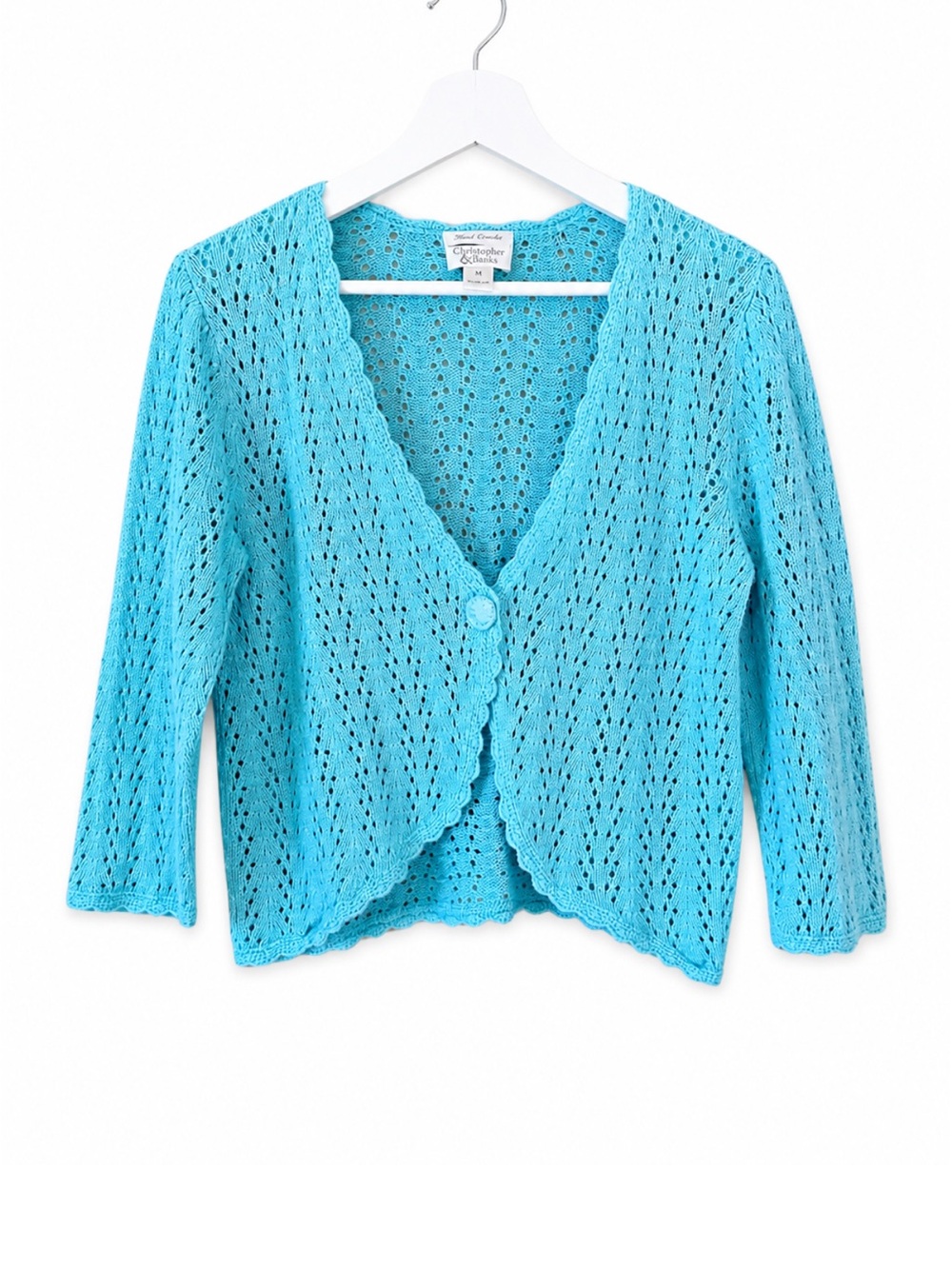 Hand Crocheted Turquoise Openwork Cardigan Sweater Size M Scalloped Dainty Cute